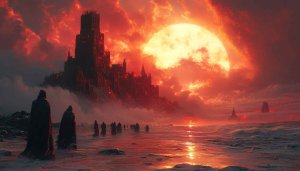 Fantasy Castle Landscape Orange Sky 4K Desktop Background Wallpaper