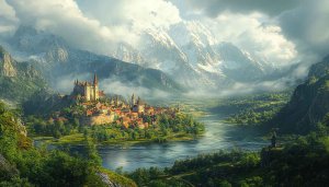 Fantasy Castle Town Landscape Wallpaper 4K Desktop Background Free