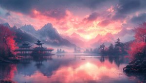 Peaceful Lake Mountain Sunset Scenery 4K Desktop Wallpaper
