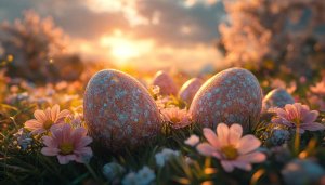 Easter Eggs Meadow Wallpaper: Spring Flower Field 4K Desktop Background