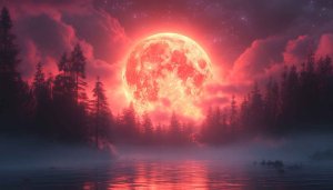 Blood Moon over Lake Mobile Wallpaper, Red Sky 4K Background