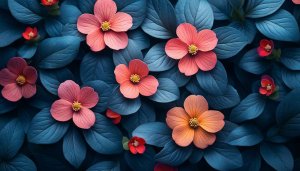 Floral Wallpaper: Coral Flowers and Teal Leaves - Free Mobile Background