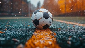 Wet Soccer Ball Wallpaper: Rainy Season Field 4K Background