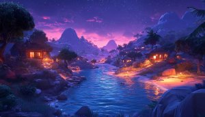 Tropical Island Village at Night Mobile Wallpaper, 4K Desktop Background