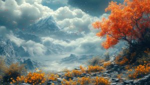Majestic Snowy Mountains and Autumn Tree 4K Desktop Wallpaper