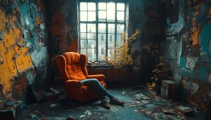 Orange Armchair in Abandoned Room 4K Desktop Wallpaper