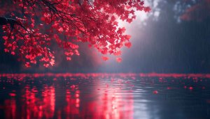 Red Maple Leaves Reflecting on Water 4K Desktop Background