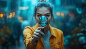 Focused Woman Cityscape Magnifying Glass Mobile Wallpaper 4K Background