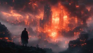 Burning Cityscape Man Silhouette 4K Desktop Background Free Wallpaper