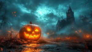 Spooky Halloween Pumpkin 4K Desktop Wallpaper, Haunted Castle Background