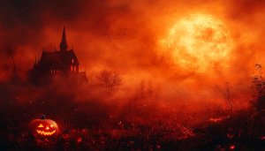 Halloween Pumpkin 4K Wallpaper: Haunted House, Full Moon Background