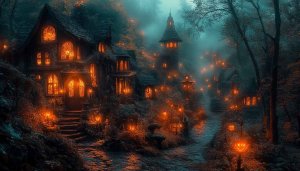 Halloween Village Wallpaper 4K, Spooky Forest Houses Desktop Background