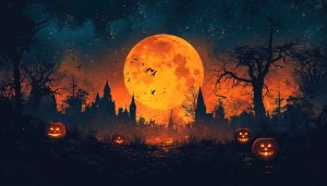 Halloween Night Wallpaper: Jack-o'-Lanterns, Full Moon Scene Background Image