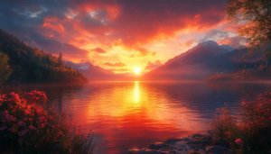Fiery Sunset Lake Mountain Mobile Wallpaper Free 4K Background