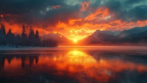 Fiery Lake Sunset Reflection 4K Desktop Background Mobile Wallpaper