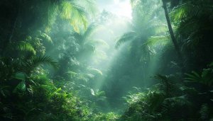 Tropical Rainforest 4K Wallpaper Desktop Background with Sunlight Beams