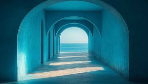 Blue Archway Tunnel Leading to Ocean 4K Mobile Wallpaper