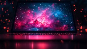 Pink Galaxy Nebula on Laptop Screen 4K Desktop Wallpaper