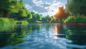 Minecraft Lake 4K Desktop Wallpaper, Pixel Art Gaming Background