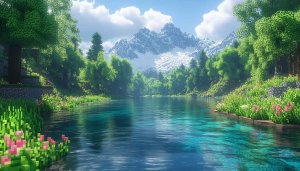 Minecraft Lake Mountain Scenery 4K Desktop Background Mobile Wallpaper Free