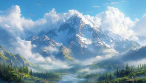 Snow Mountain and Forest River Landscape 4K Desktop Wallpaper