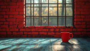 Red Brick Wall Window View with Coffee Cup Wallpaper HD