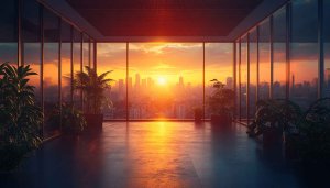 Cityscape Sunset View Office 4K Desktop Wallpaper Free Background