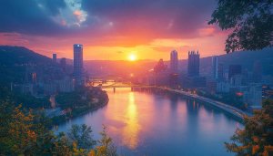 Pittsburgh Sunset 4K Wallpaper - Golden Hour Cityscape Desktop Background