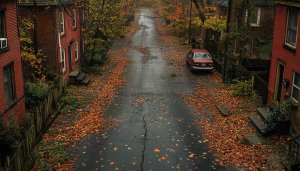 Autumn Street Wallpaper: Fall Leaves, Vintage Car Mobile Background