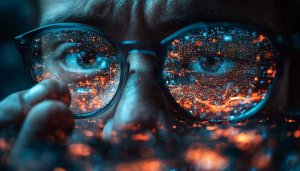 Eyes with Glasses Reflection Digital Cityscape 4K Mobile Wallpaper