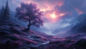 Purple Tree Mountain Landscape 4K Desktop Background Nature Wallpaper
