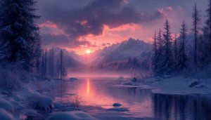 Winter Sunset Lake Landscape 4K Desktop Mobile Wallpaper Background
