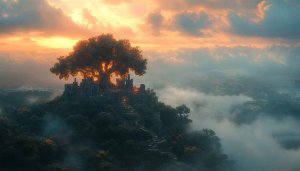 Magical Tree Castle Sunset Scenery Mobile Wallpaper Free HD