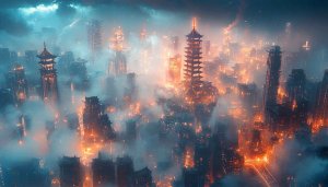 Futuristic Asian Cityscape Wallpaper, Foggy Urban Night Background 4K