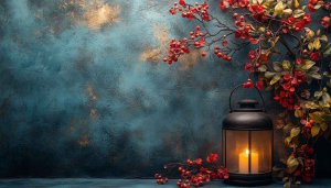 Free Moody Teal Background with Lantern and Floral Mobile Wallpaper