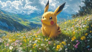 Pikachu in Field Mobile Wallpaper, Anime Landscape Art 4K