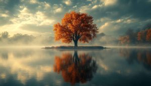 Autumn Tree Lake Reflection 4K Desktop Background Mobile Wallpaper