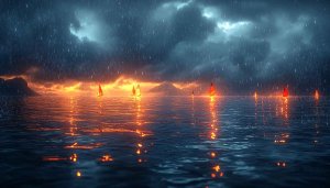 Glowing Sailboats in Rain 4K Desktop Background Mobile Wallpaper