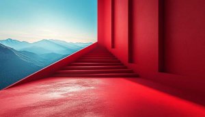 Red Stairway to Mountain View 4K Desktop Wallpaper Background
