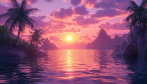 Tropical Island Sunset Scenery 4K Desktop Mobile Wallpaper Background