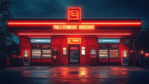 Neon Lit Vintage Gas Station 4K Desktop Wallpaper Background