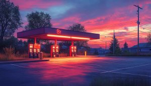 Neon Gas Station Sunset 4K Desktop Wallpaper Free Background