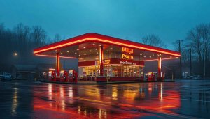 Neon Lit Gas Station Aesthetic 4K Desktop Wallpaper Backgrounds