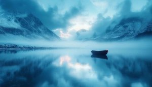 Peaceful Lake Boat Foggy Mountains Scenery 4K Desktop Wallpaper