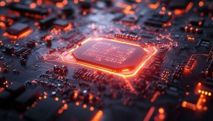 Illuminated Microchip Motherboard 4K Desktop Wallpaper, Red Glowing Technology
