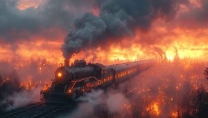 Steampunk Train Mobile Background Orange Sky Fire Scenery Wallpaper 4K