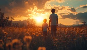Father Son Silhouette Golden Hour Field Landscape Mobile Wallpaper