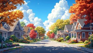 Autumn Neighborhood Street Scene Mobile Wallpaper, 4K Desktop Background