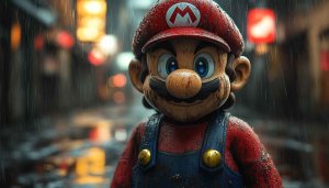 Gritty Mario 4K Wallpaper: Rainy Cityscape Desktop Background