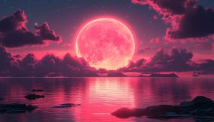 Pink Moon Over Ocean 4K Wallpaper, Aesthetic Desktop Background